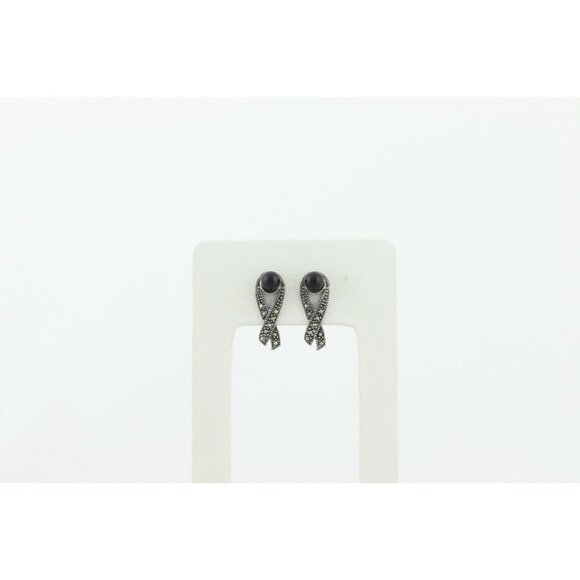 Sterling Silver Marcasite Ribbon Earrings with Black Bead Stud Post - Picture 5 of 9